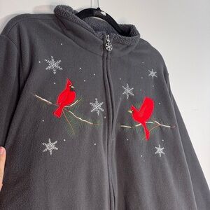 Holiday Editions Cardinal Fleece Jacket 2X Gray Embroidered Birds Winter Zip